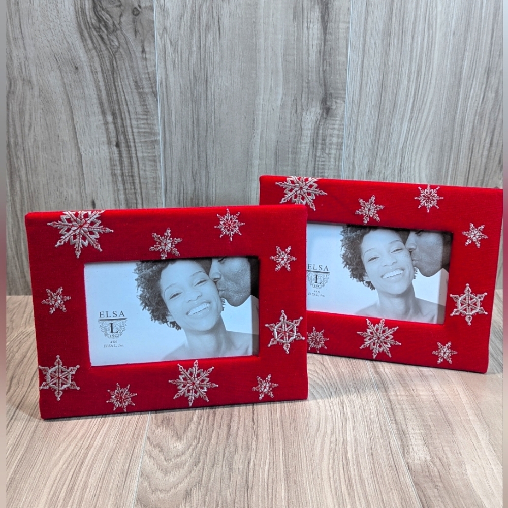 Christmas Picture Frames (2) Red Fabric Silver Embroidered Snowflakes 4x6
